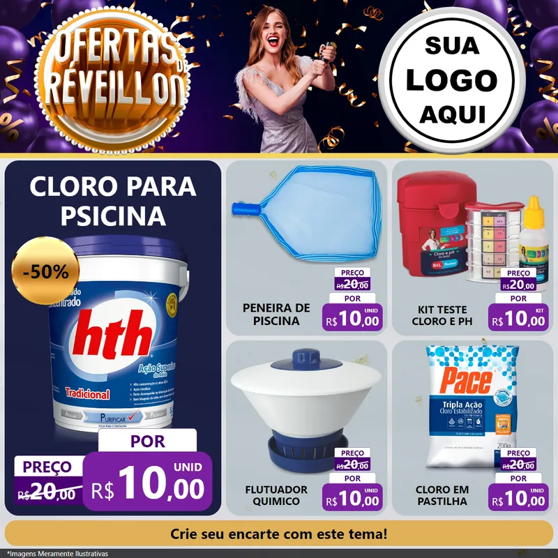 Modelo de Rede Social para Feed Facebook com o tema Ofertas de Réveillon para Produtos para Piscina