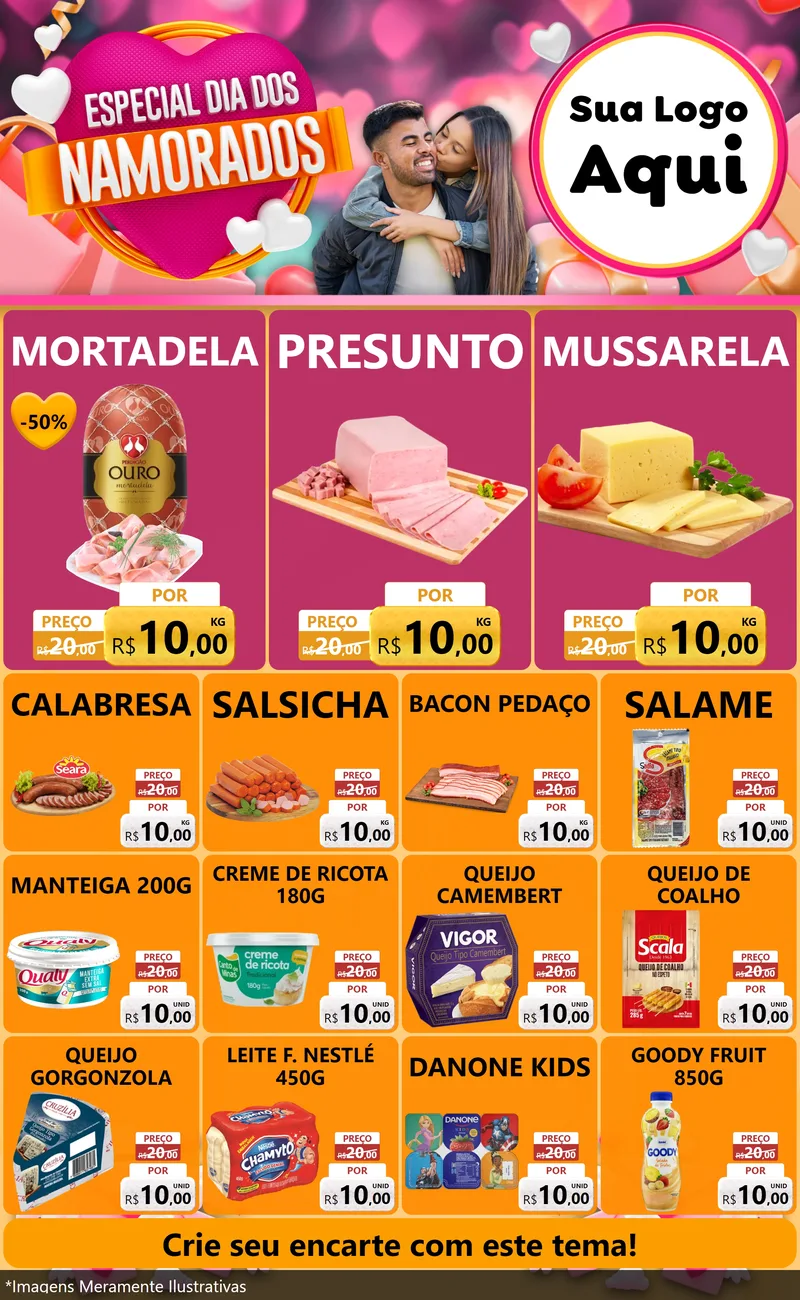 Modelo de Encarte para Encarte Grande com o tema Especial Dia dos Namorados para Frios e Laticínios