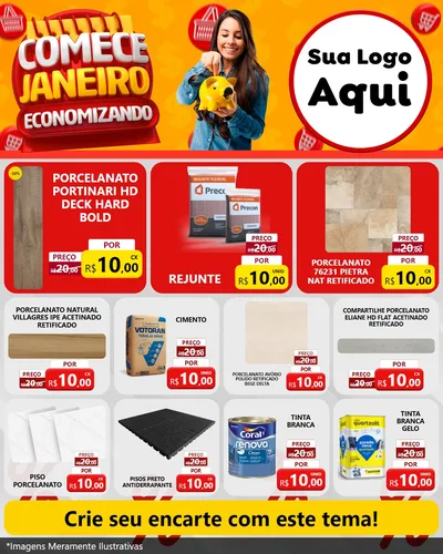 Modelo de Rede Social para Feed Instagram com o tema Comece Janeiro Economizando para Pisos e revestimentos