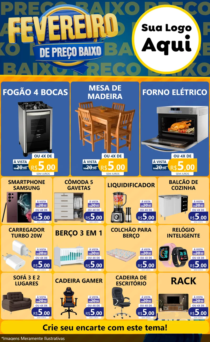 Modelo de Encarte para Encarte Grande com o tema Fevereiro de Preço Baixo para Móveis e Eletro