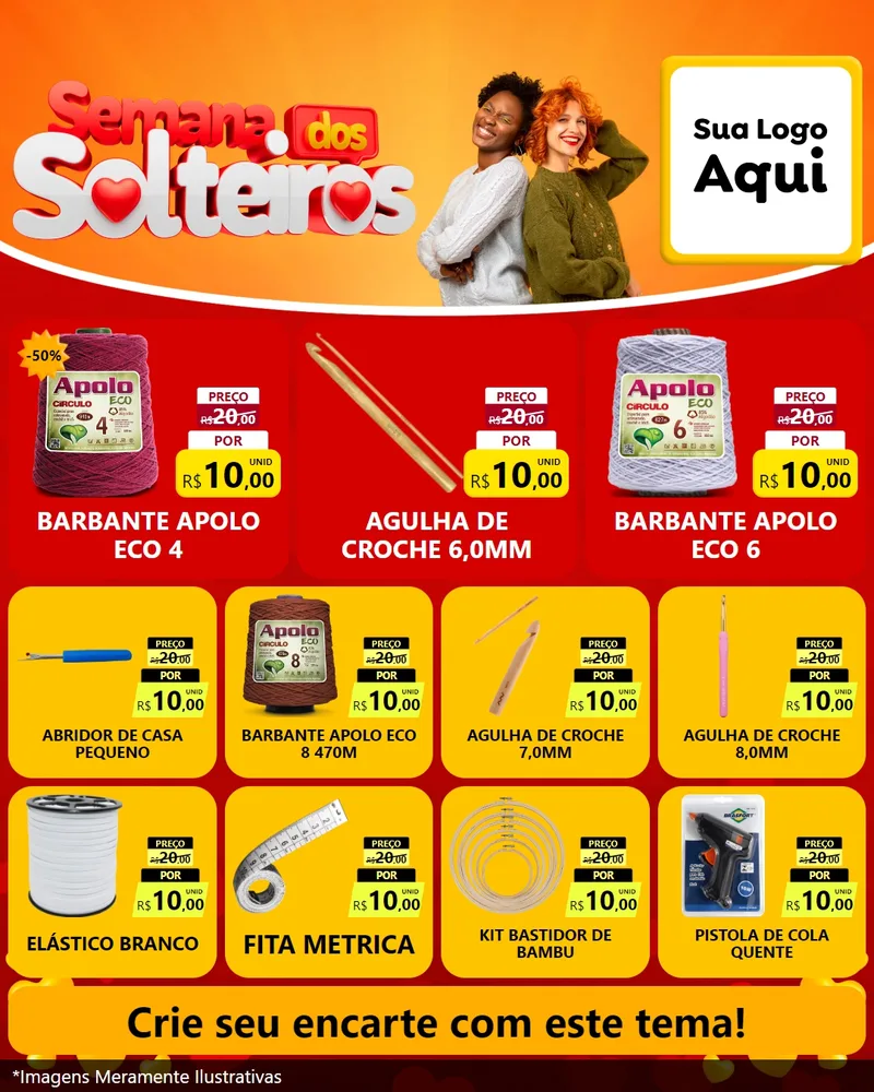 Modelo de Rede Social para Feed Instagram com o tema Semana dos Solteiros para Armarinho e Aviamentos