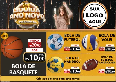 Modelo de Encarte para Encarte A4 Horizontal com o tema Liquida Ano Novo Imperdível para Artigos Esportivos
