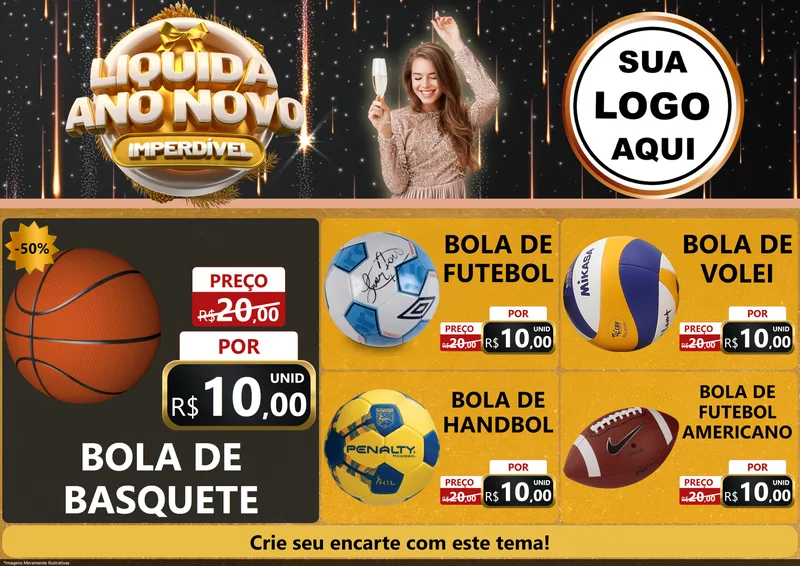 Modelo de Encarte para Encarte A4 Horizontal com o tema Liquida Ano Novo Imperdível para Artigos Esportivos