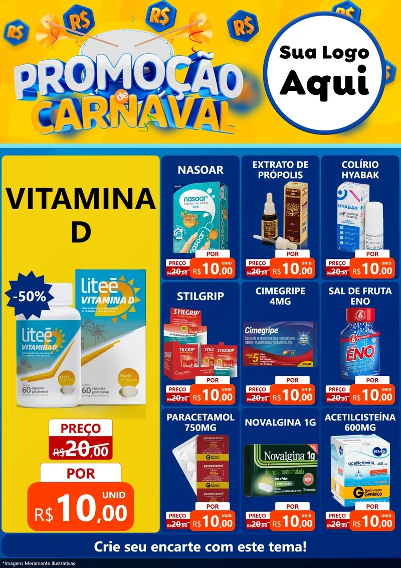 Modelo de Encarte para Encarte A4 Vertical com o tema Promoção de Carnaval para Farmácia