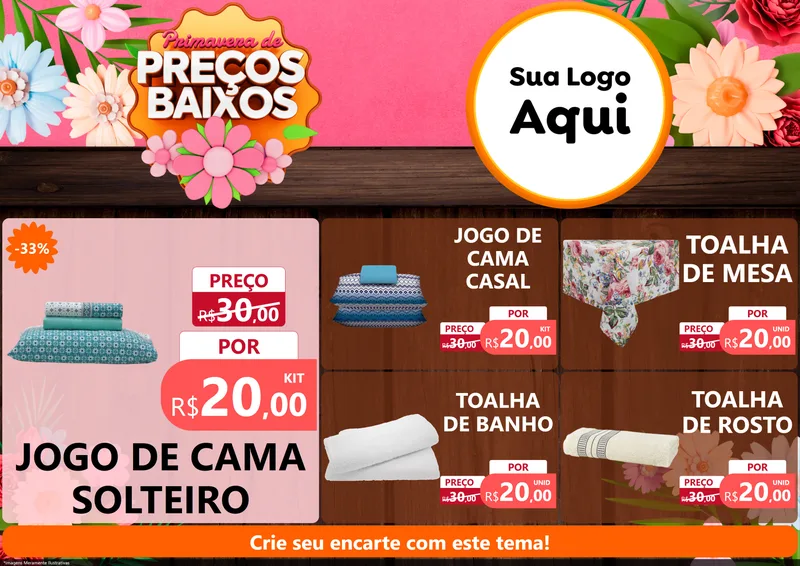 Modelo de Encarte para Encarte A4 Horizontal com o tema Primavera de Preços Baixos para Cama, Mesa e Banho