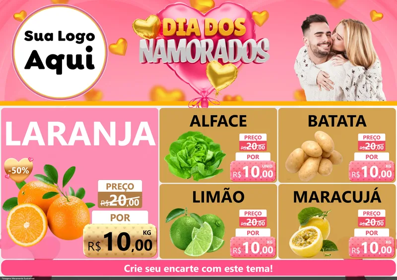 Modelo de Encarte para Encarte A4 Horizontal com o tema Dia dos Namorados para Hortifrúti