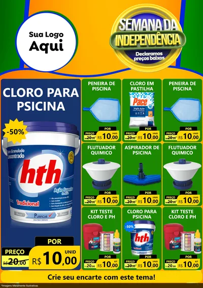 Modelo de Encarte para Encarte A4 Vertical com o tema Semana da Independência Declaramos Preços Baixos para Produtos para Piscina