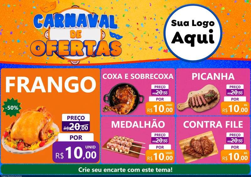 Modelo de Encarte para Encarte A4 Horizontal com o tema Carnaval de Ofertas para Assados