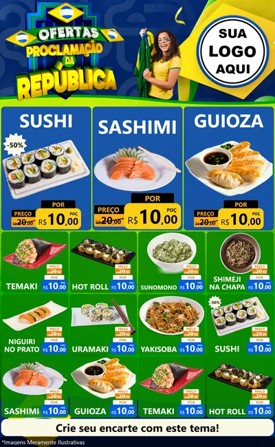 Modelo de Encarte para Encarte Grande com o tema Ofertas Proclamação da República para Comida japonesa