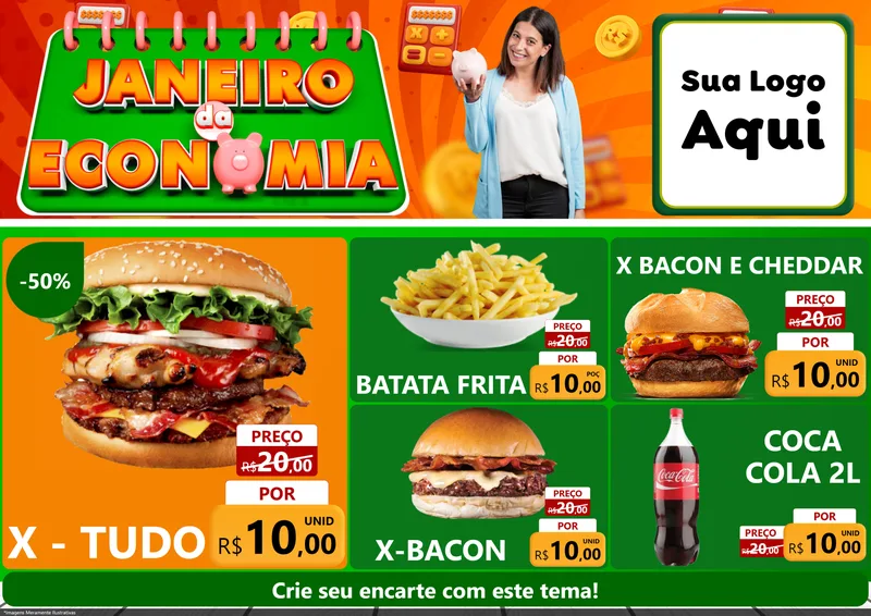 Modelo de Encarte para Encarte A4 Horizontal com o tema Janeiro da Economia para Hamburgueria