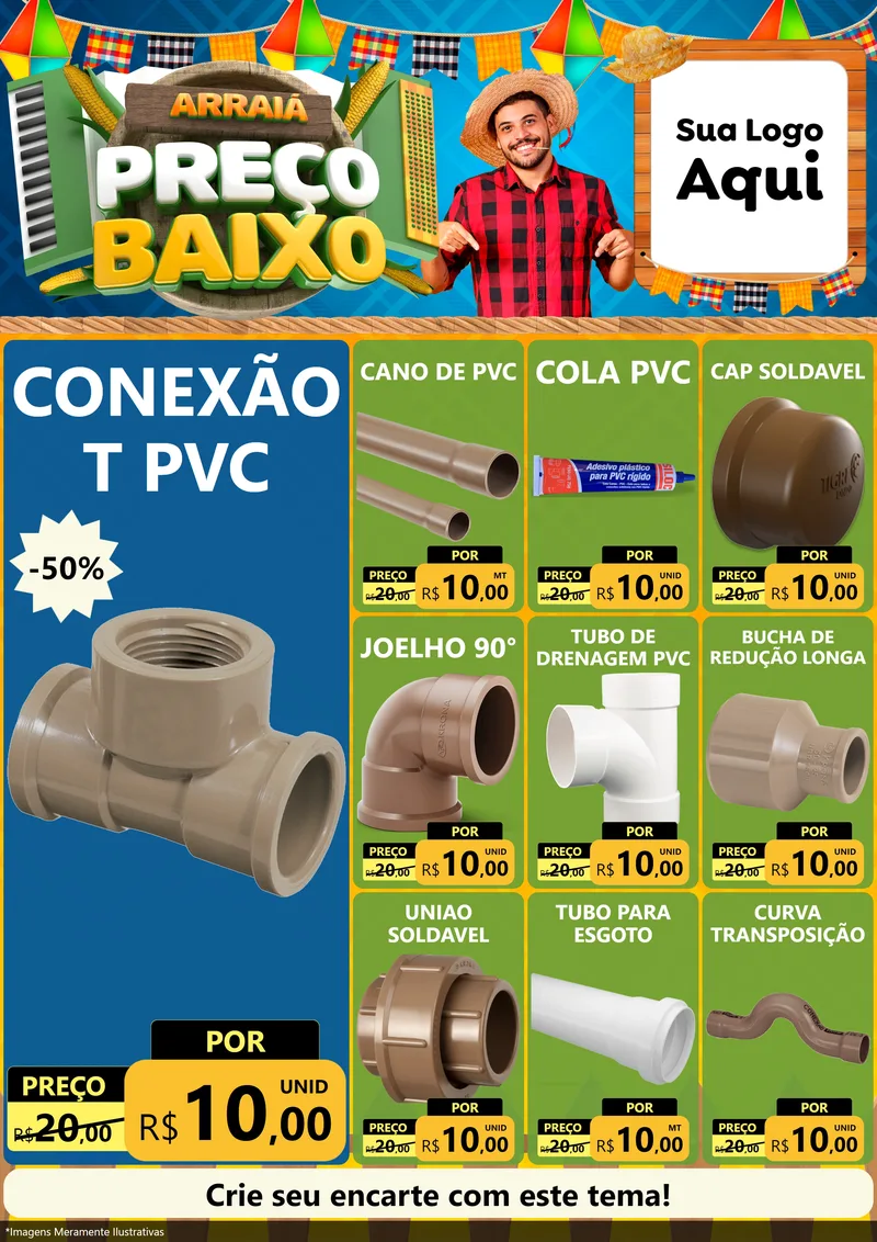 Modelo de Encarte para Encarte A4 Vertical com o tema Arraiá de Preço Baixo - Junina para Tubos e conexões