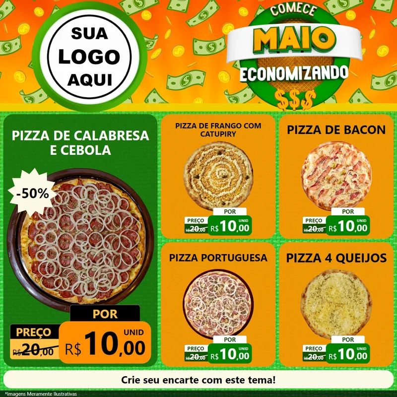 Modelo de Rede Social para Feed Facebook com o tema Comece Maio Economizando para Pizzaria