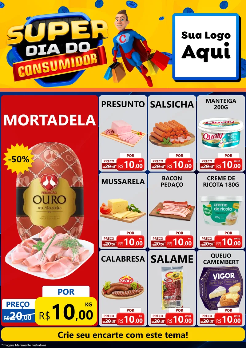 Modelo de Encarte para Encarte A4 Vertical com o tema Super Dia do Consumidor para Frios e Laticínios