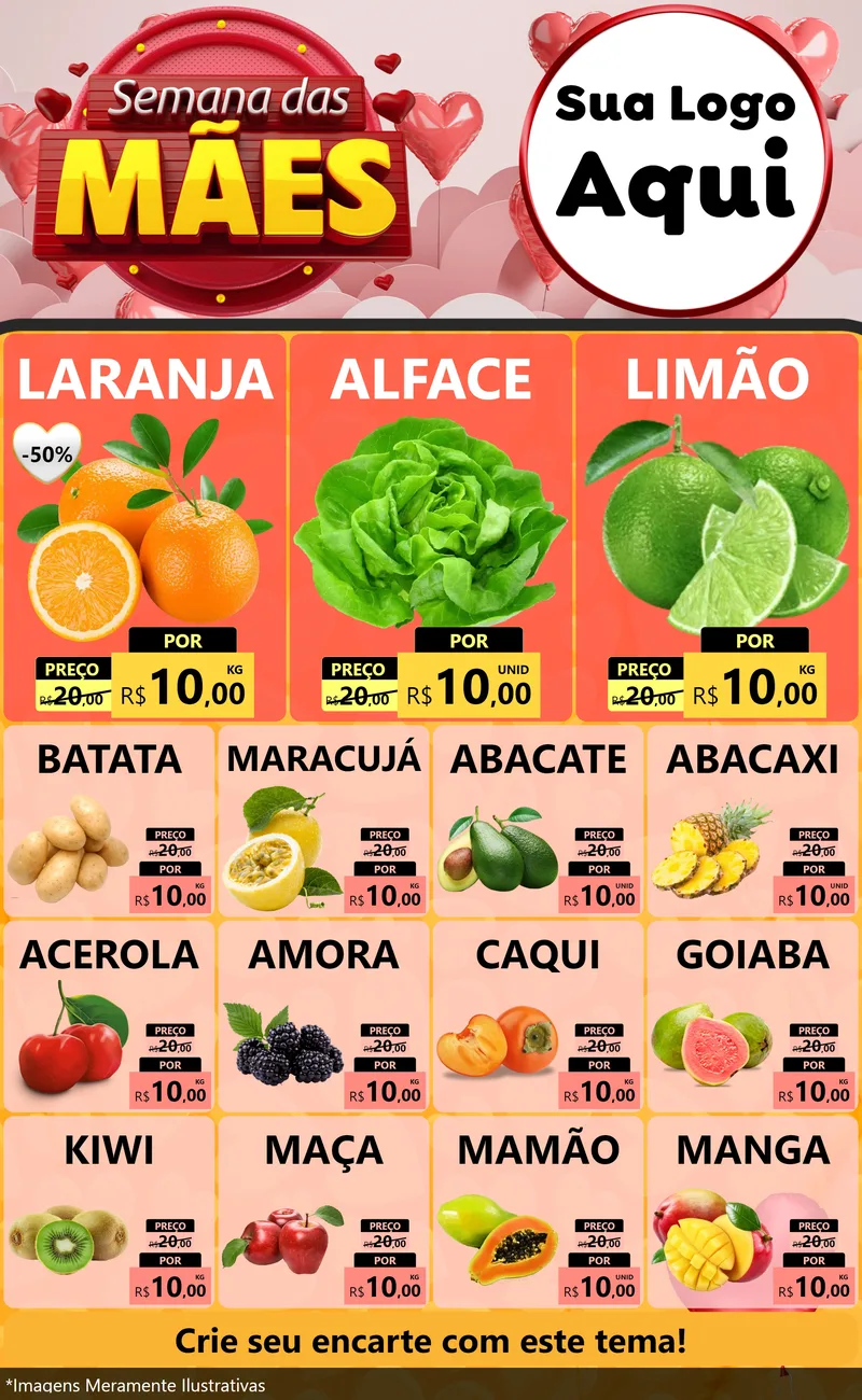 Modelo de Encarte para Encarte Grande com o tema Semana das Mães para Hortifrúti