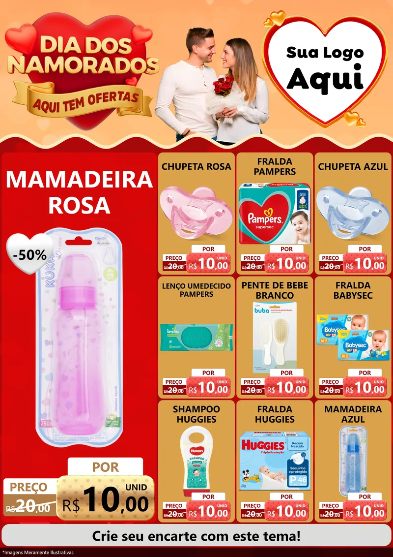 Modelo de Encarte para Encarte A4 Vertical com o tema Dia dos Namorados - Aqui Tem Ofertas para Bebês