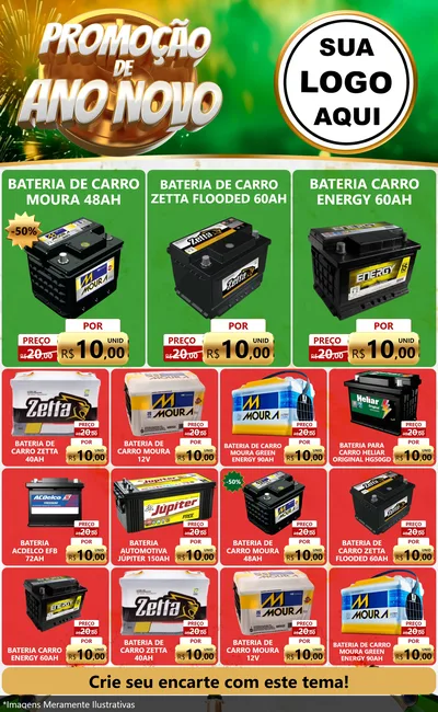 Modelo de Encarte para Encarte Grande com o tema Promoção de Ano Novo para Baterias Elétricas