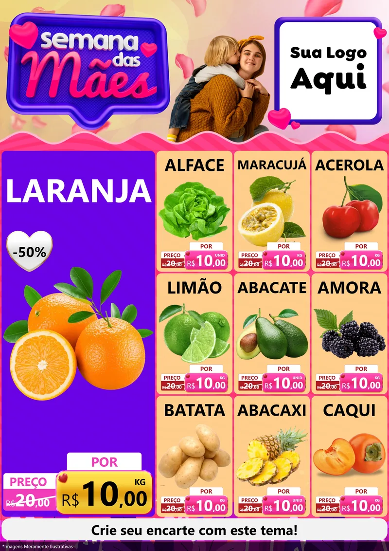 Modelo de Encarte para Encarte A4 Vertical com o tema Semana das Mães para Hortifrúti