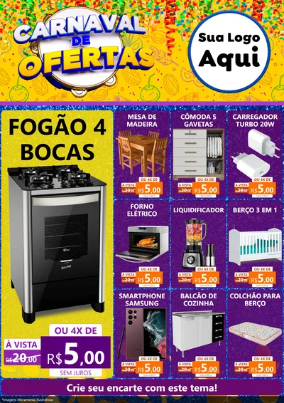 Modelo de Encarte para Encarte A4 Vertical com o tema Carnaval de Ofertas para Móveis e Eletro