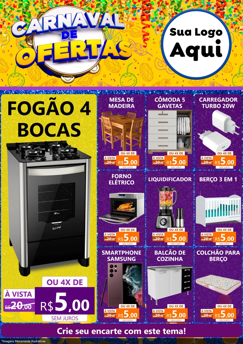 Modelo de Encarte para Encarte A4 Vertical com o tema Carnaval de Ofertas para Móveis e Eletro