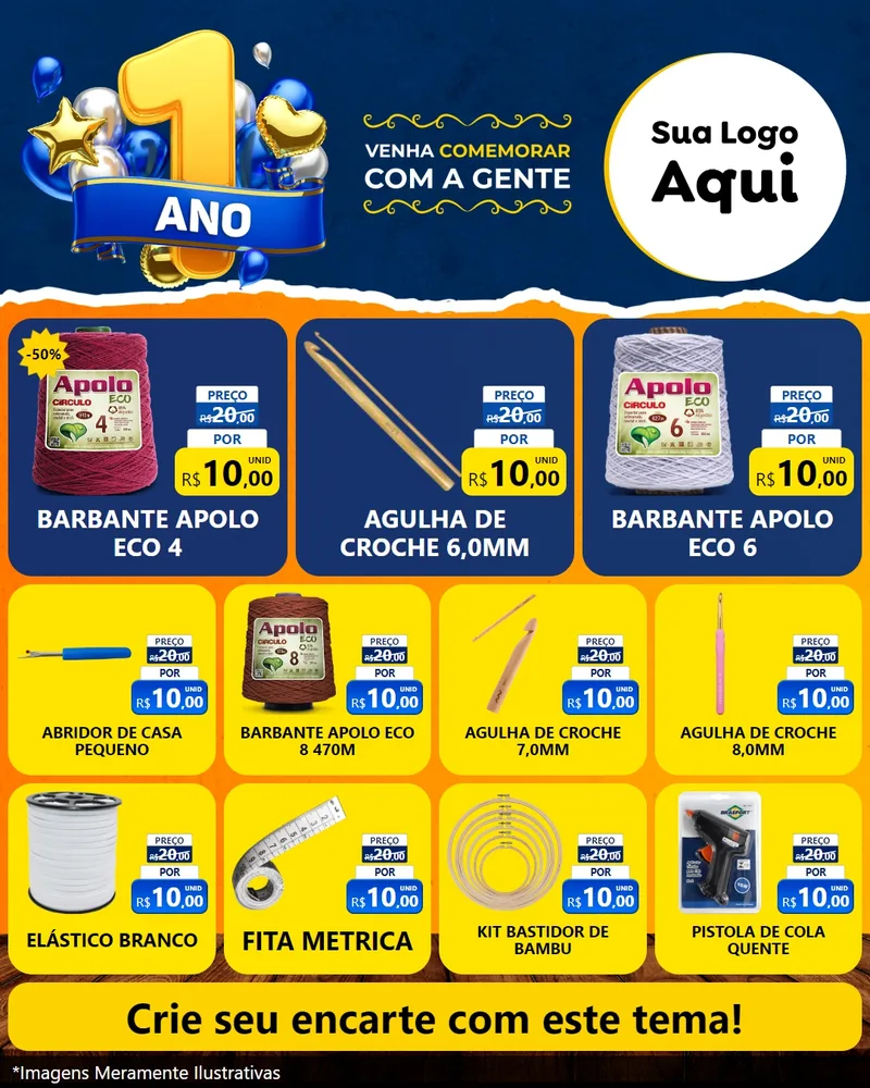 Modelo de Rede Social para Feed Instagram com o tema Um Ano de Aniversário para Armarinho e Aviamentos
