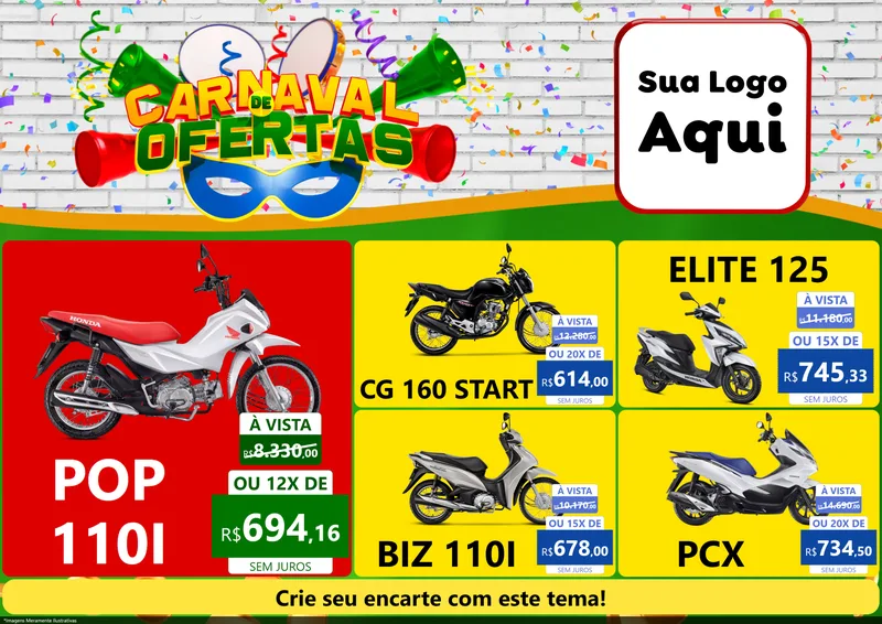 Modelo de Encarte para Encarte A4 Horizontal com o tema Carnaval de Ofertas para Concessionaria de Motos