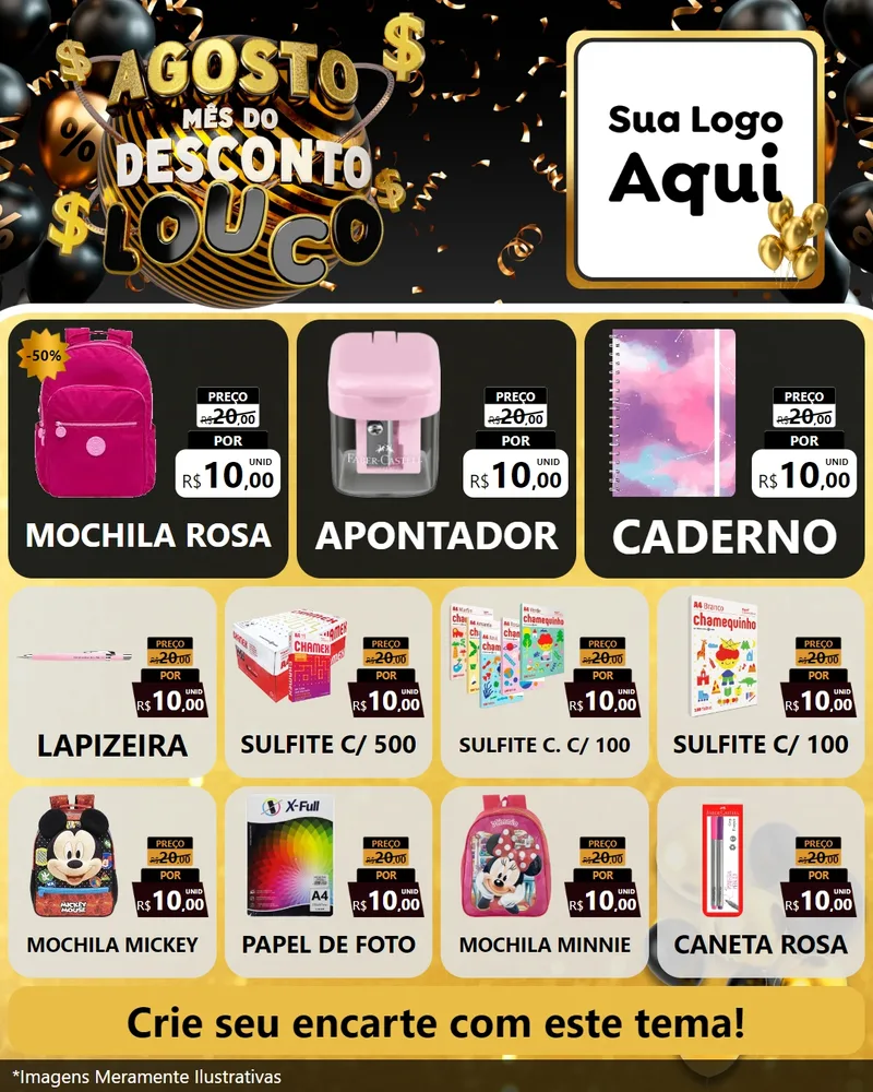 Modelo de Rede Social para Feed Instagram com o tema Agosto Mês do Desconto Louco para Papelaria