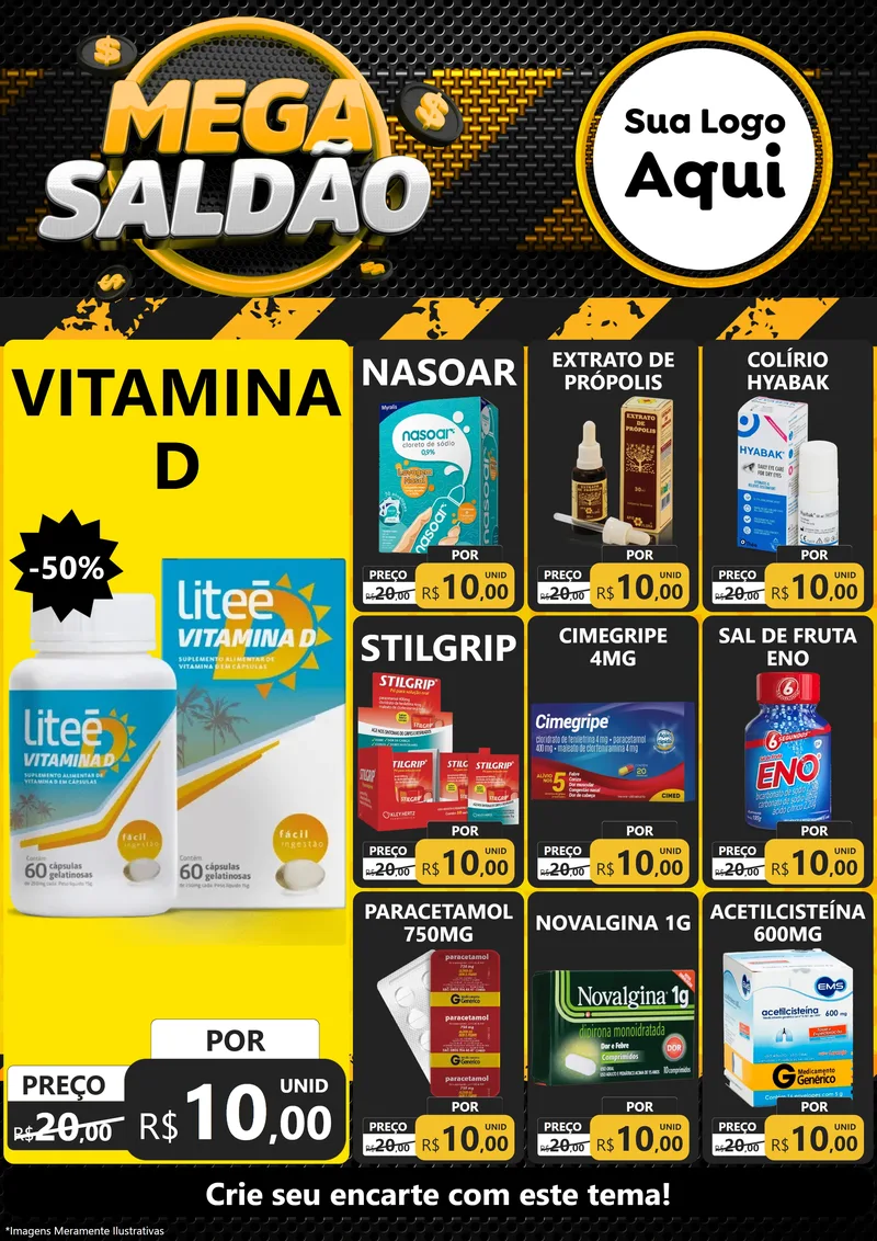 Modelo de Encarte para Encarte A4 Vertical com o tema Mega Saldão para Farmácia