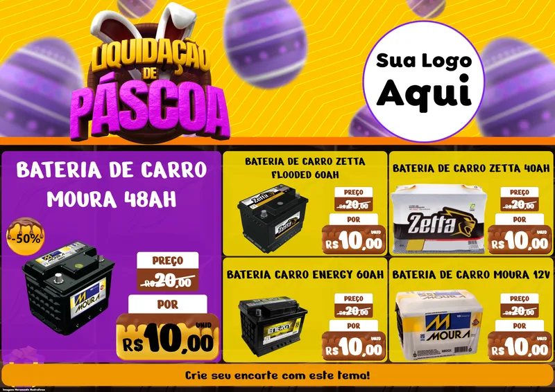 Modelo de Encarte para Encarte A4 Horizontal com o tema Liquidação de Páscoa para Baterias Elétricas