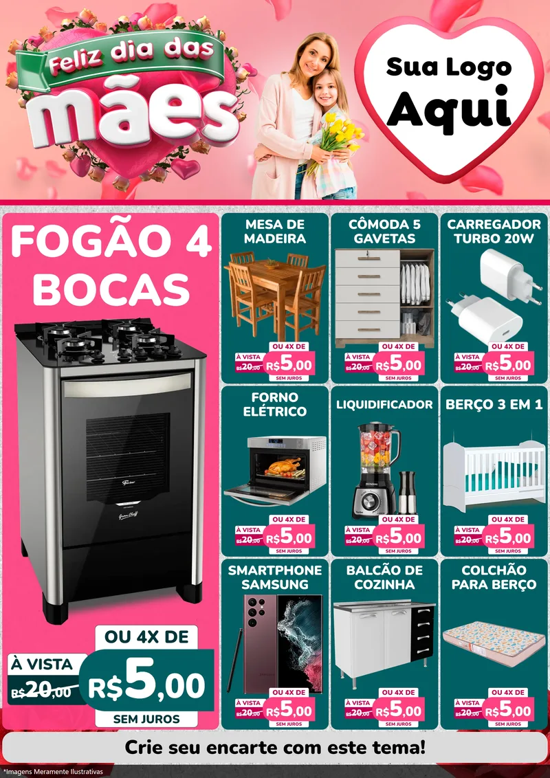 Modelo de Encarte para Encarte A4 Vertical com o tema Feliz Dia das Mães para Móveis e Eletro
