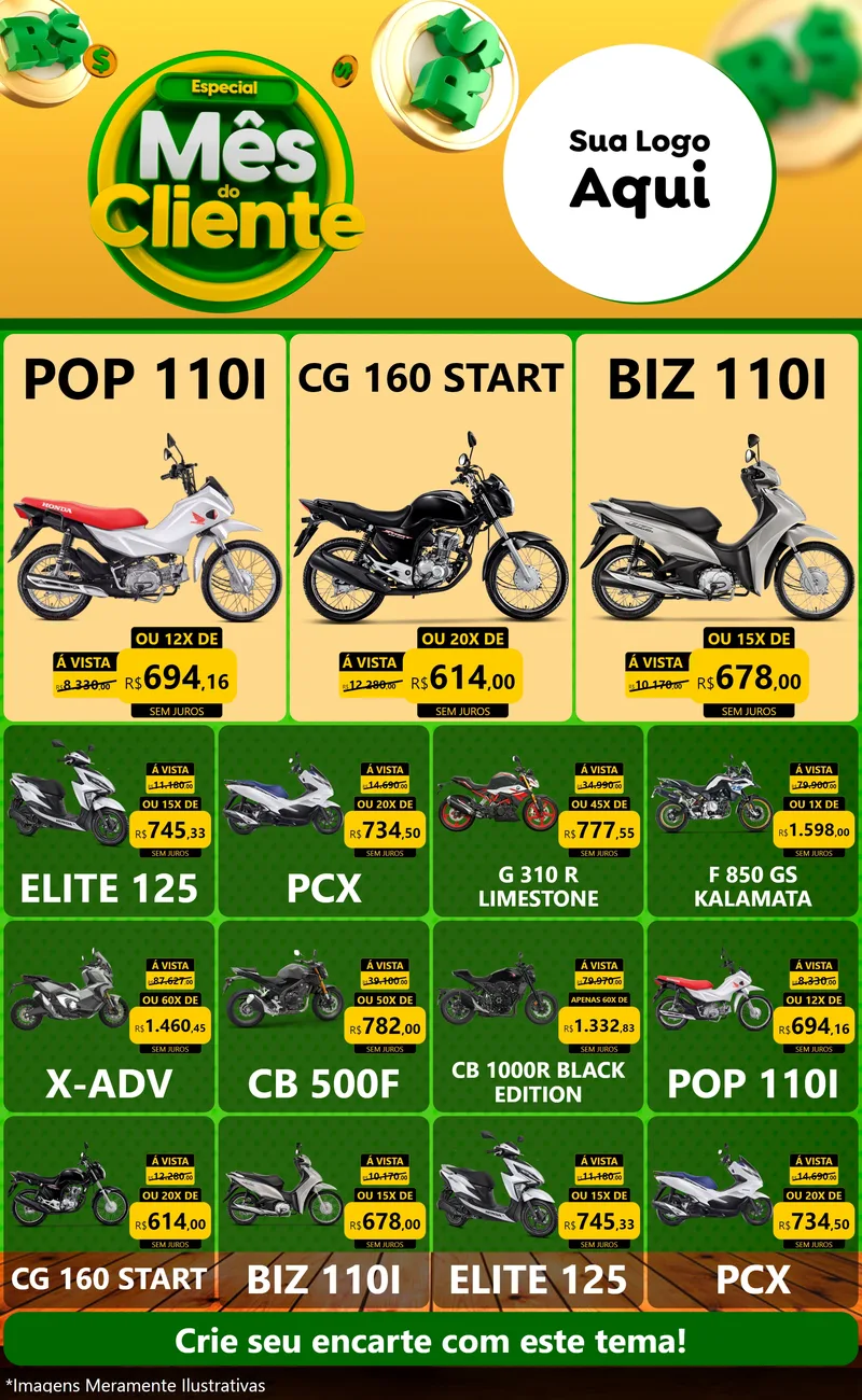 Modelo de Encarte para Encarte Grande com o tema Especial Mês do Cliente para Concessionaria de Motos