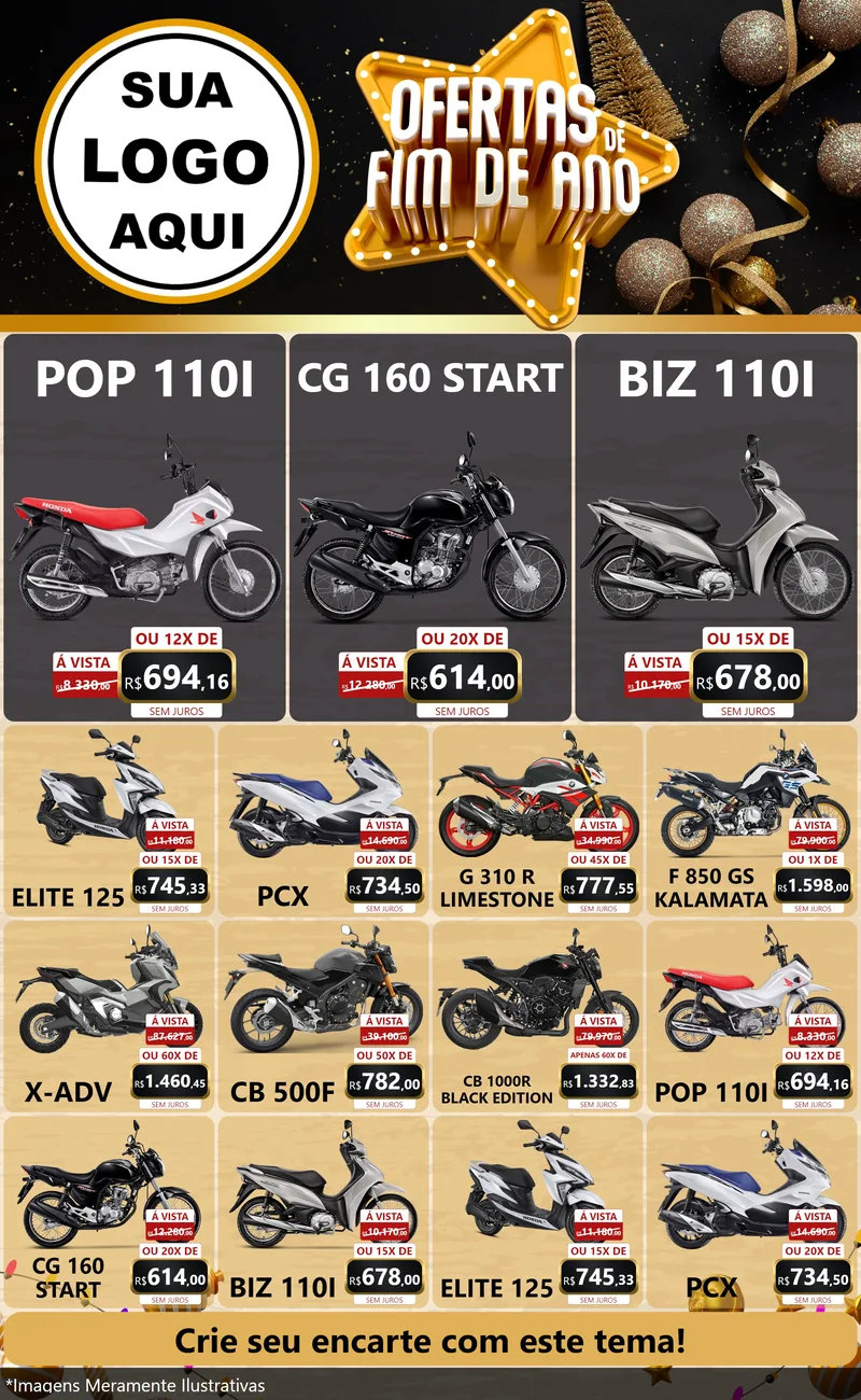 Modelo de Encarte para Encarte Grande com o tema Ofertas de Fim de Ano para Concessionaria de Motos