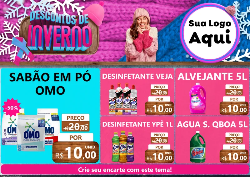 Modelo de Encarte para Encarte A4 Horizontal com o tema Descontos de Inverno para Produtos de Limpeza