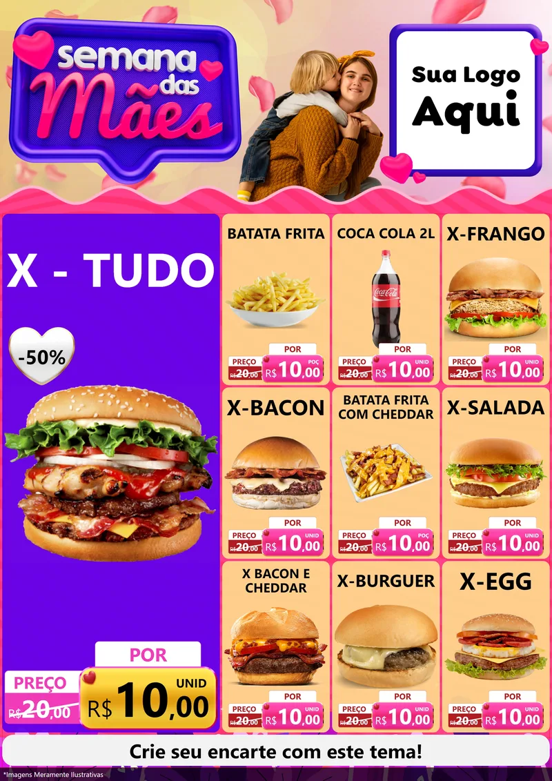 Modelo de Encarte para Encarte A4 Vertical com o tema Semana das Mães para Hamburgueria