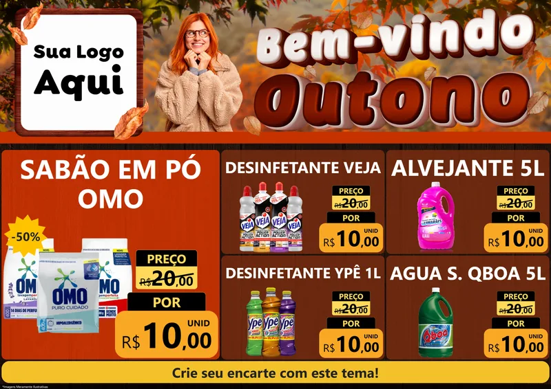Modelo de Encarte para Encarte A4 Horizontal com o tema Bem-vindo Outono para Produtos de Limpeza