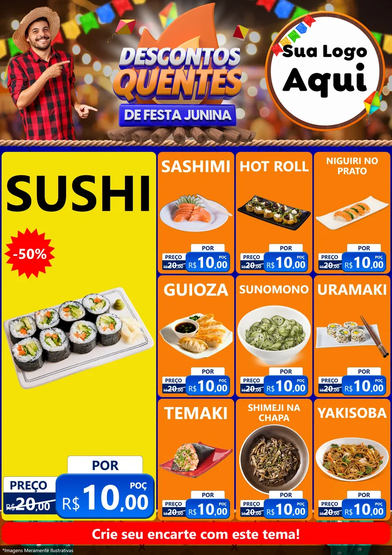 Modelo de Encarte para Encarte A4 Vertical com o tema Descontos Quentes de Festa Junina para Comida japonesa