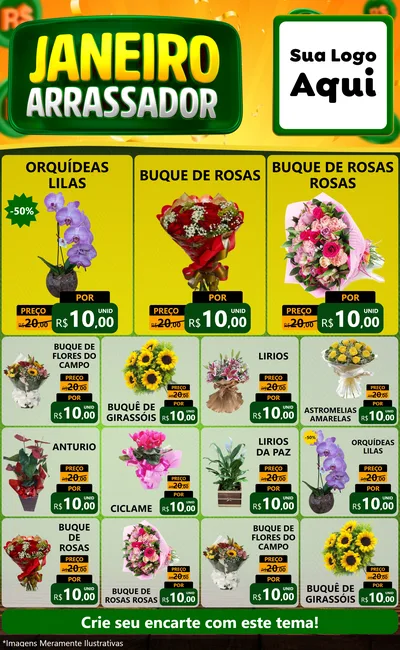 Modelo de Encarte para Encarte Grande com o tema Janeiro Arrasador para Floricultura e jardim