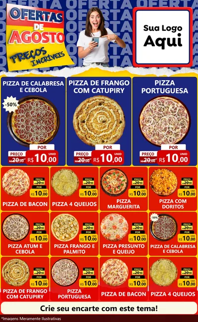 Modelo de Encarte para Encarte Grande com o tema Ofertas de Agosto - Preços Incríveis para Pizzaria