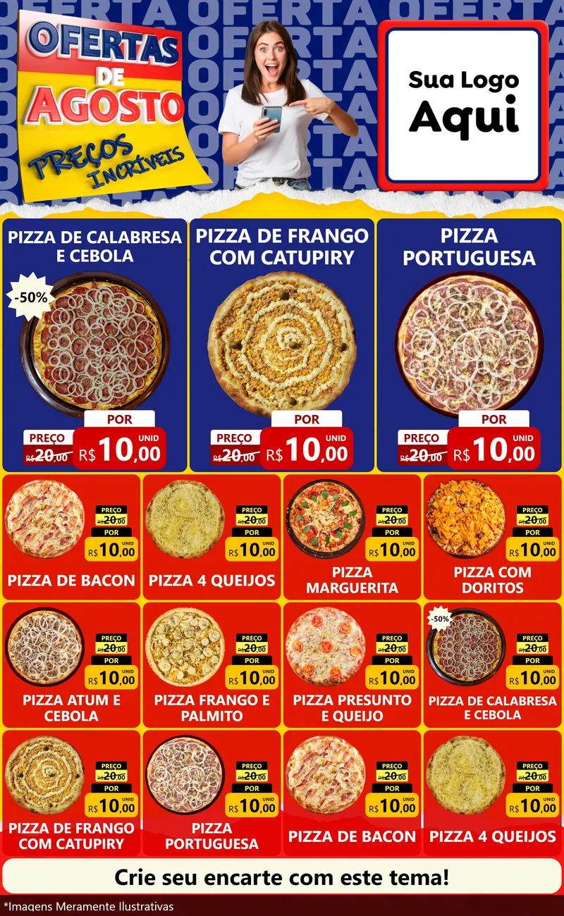 Modelo de Encarte para Encarte Grande com o tema Ofertas de Agosto - Preços Incríveis para Pizzaria