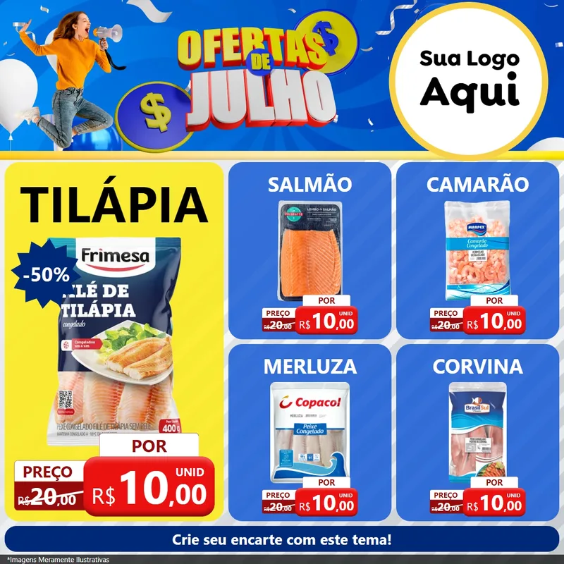 Modelo de Rede Social para Feed Facebook com o tema Ofertas de Julho para Peixaria