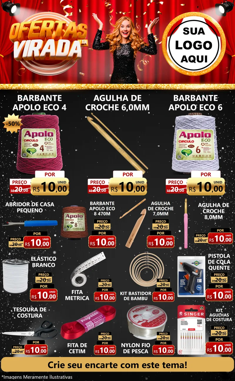 Modelo de Encarte para Encarte Grande com o tema Ofertas da Virada para Armarinho e Aviamentos
