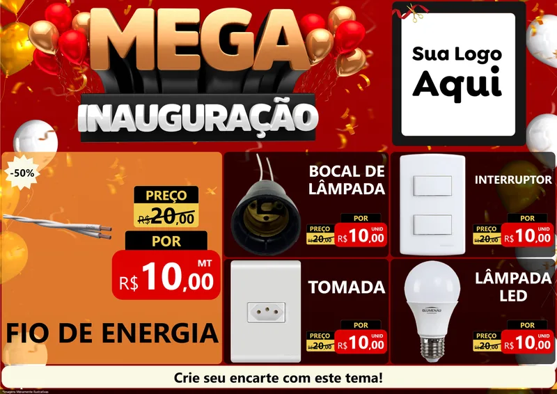 Modelo de Encarte para Encarte A4 Horizontal com o tema Mega Inauguração para Materiais Elétricos