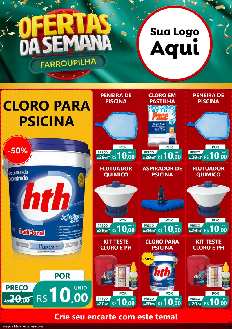 Modelo de Encarte para Encarte A4 Vertical com o tema Ofertas da Semana Farroupilha para Produtos para Piscina