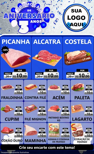 Modelo de Encarte para Encarte Grande com o tema Promoção de Aniversário - 3 Anos para Açougue