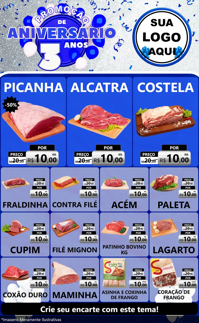 Modelo de Encarte para Encarte Grande com o tema Promoção de Aniversário - 3 Anos para Açougue
