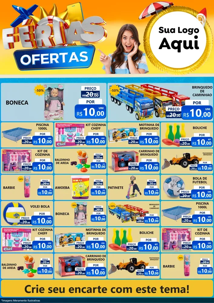 Modelo de Encarte para Encarte A4 Vertical com o tema Ofertas - Férias para Brinquedos