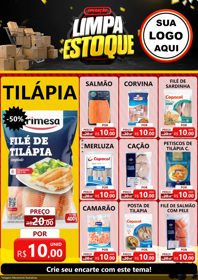 Modelo de Encarte para Encarte A4 Vertical com o tema Operação Limpa Estoque para Peixaria