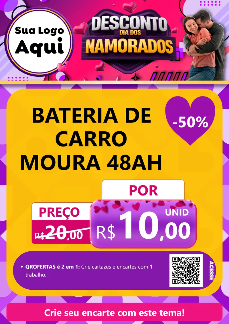 Modelo de Cartaz para Cartaz A4 Vertical com o tema Desconto Dia dos Namorados para Baterias Elétricas