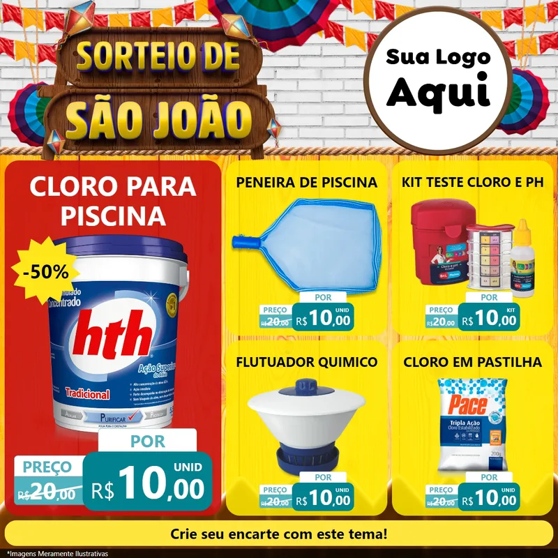 Modelo de Rede Social para Feed Facebook com o tema Sorteio de São João para Produtos para Piscina