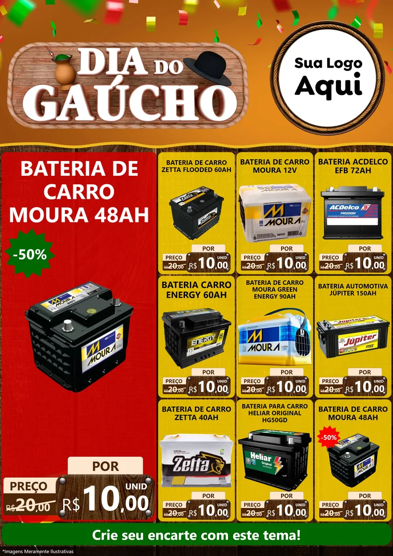 Modelo de Encarte para Encarte A4 Vertical com o tema Dia do Gaúcho para Baterias Elétricas