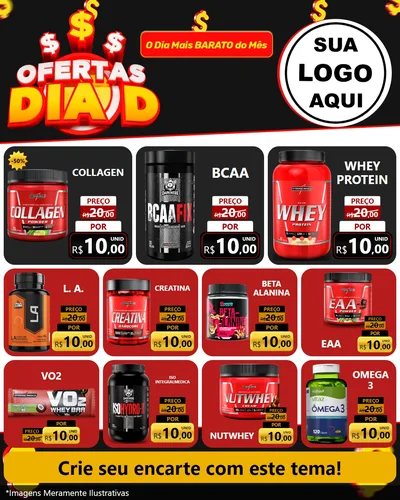 Modelo de Rede Social para Feed Instagram com o tema Ofertas Dia D para Suplementos alimentares